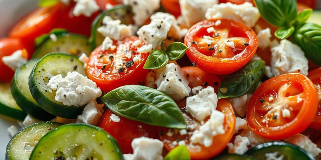 Sliced cucumbers, cherry tomatoes, and feta cheese on a wooden board