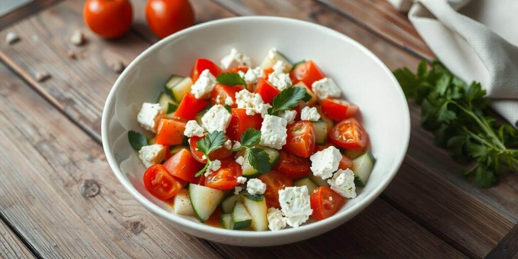 Fresh cucumber tomato feta salad in a bowl with a light dressing