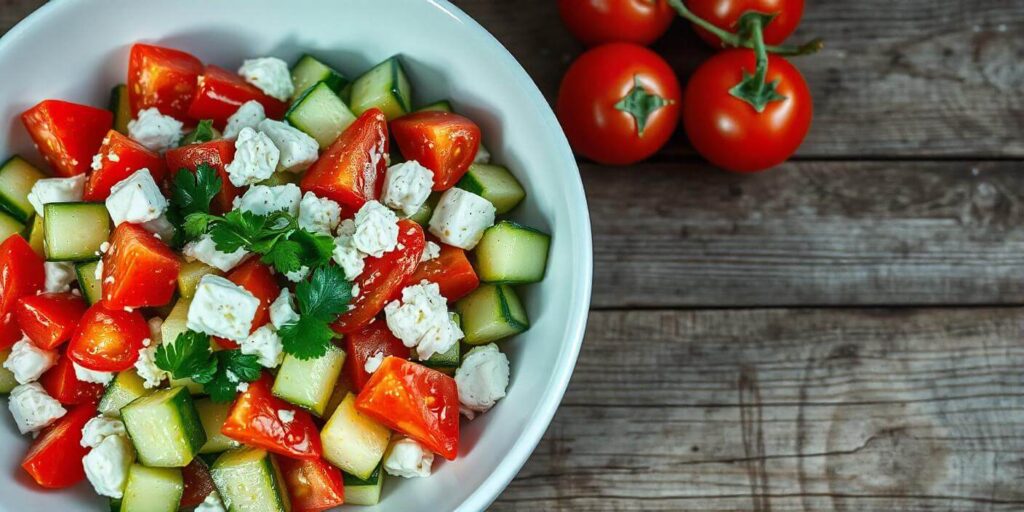 Close-up of a colorful cucumber tomato feta salad with herbs