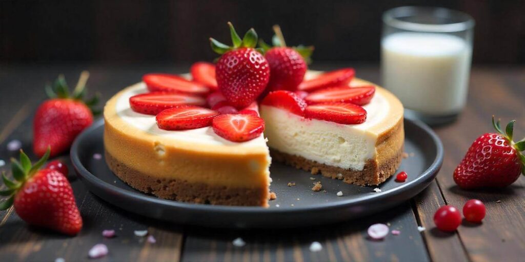 strawberry cheesecake with layers of cream cheese filling