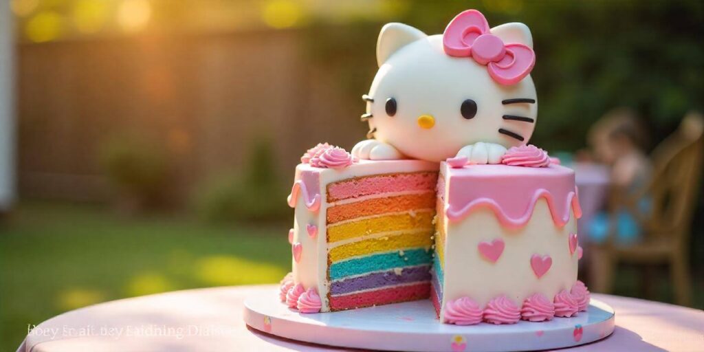 A finished Hello Kitty birthday cake on a cake stand