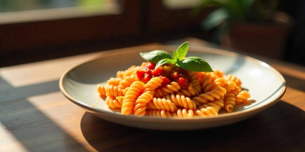 Close-up of corkscrew pasta tossed with vegetables and a flavorful tomato sauce