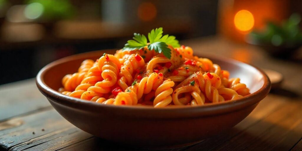 Delicious corkscrew pasta served with a rich tomato-based sauce and fresh basil.