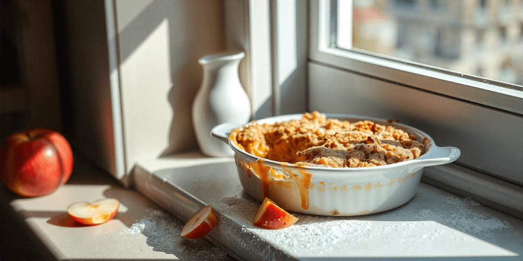 A freshly baked apple crumble with a golden, crispy oat topping in a baking dish