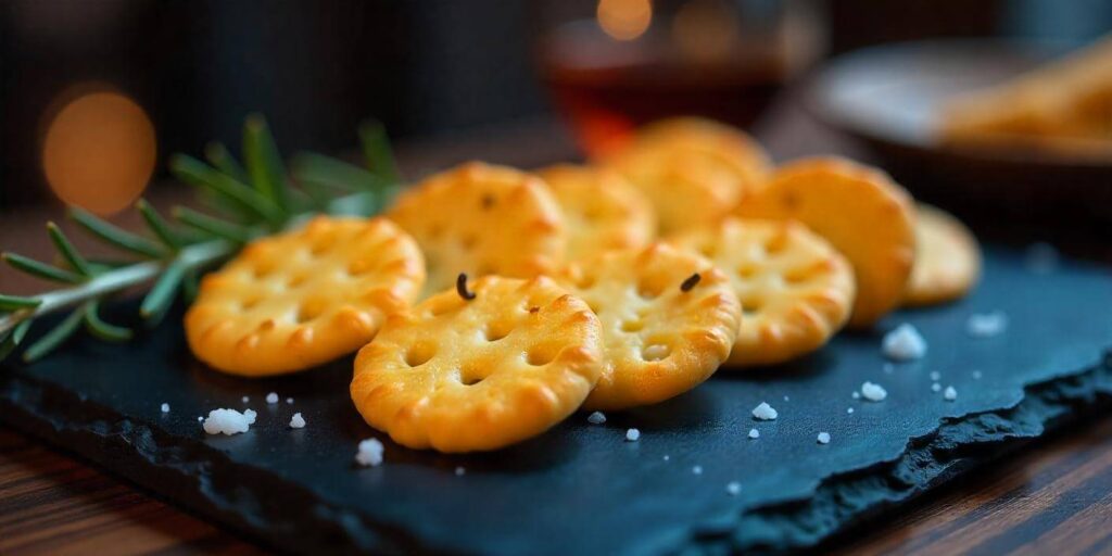 Freshly baked cheese crackers with a flaky texture on a baking sheet