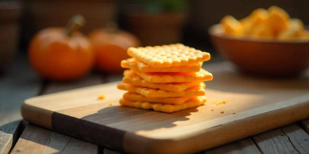 Golden, crispy homemade cheese crackers stacked on a wooden board.