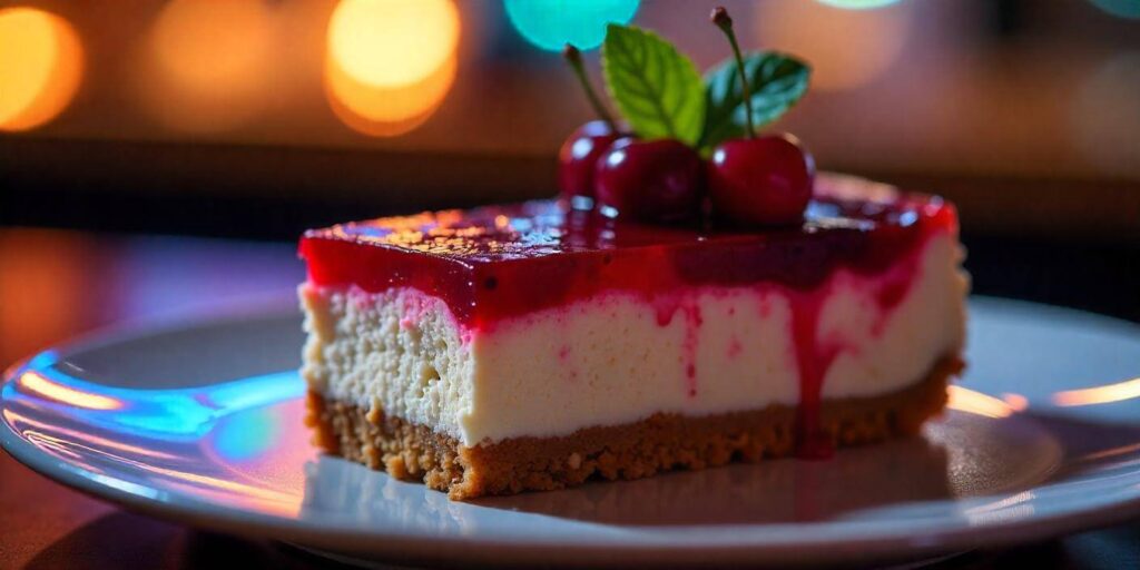 Close-up of a no bake cherry cheesecake showing its smooth texture.