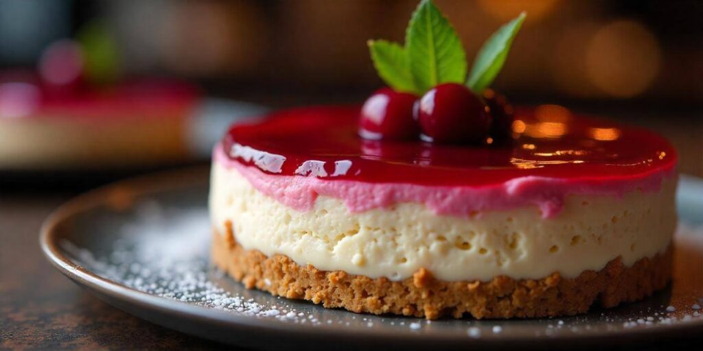 Whole no bake cherry cheesecake with glossy cherries on top