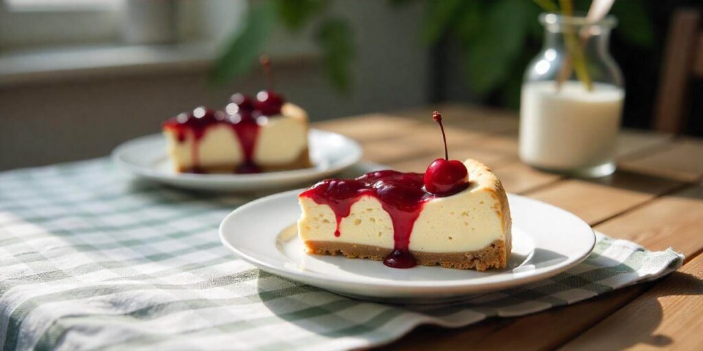 No bake cherry cheesecake served on a plate