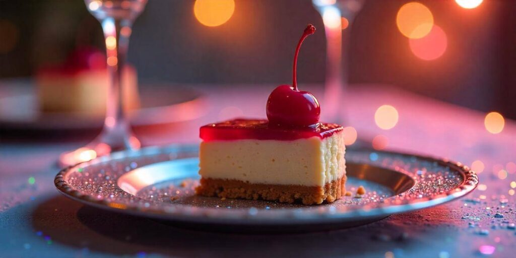 A slice of no bake cherry cheesecake