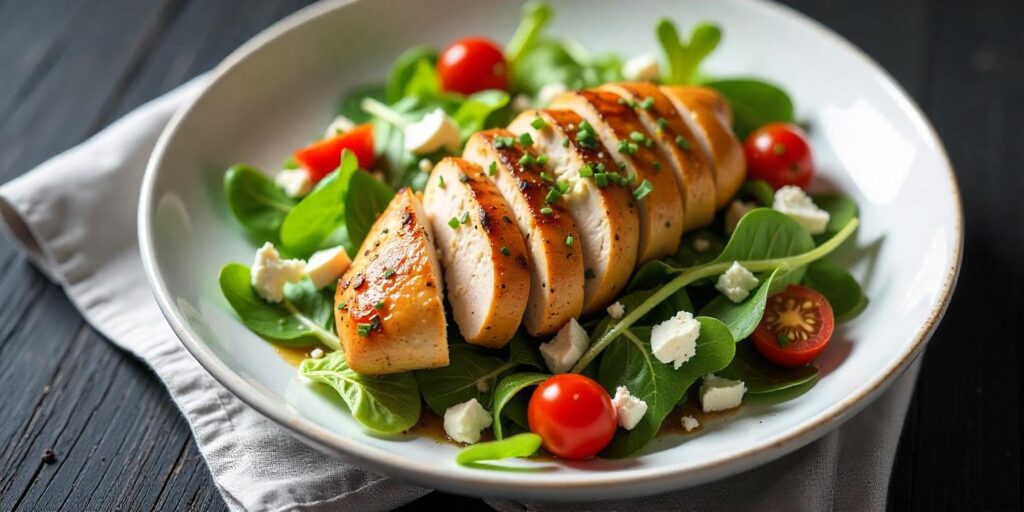 Sliced smoked chicken breast served with a side of vegetables