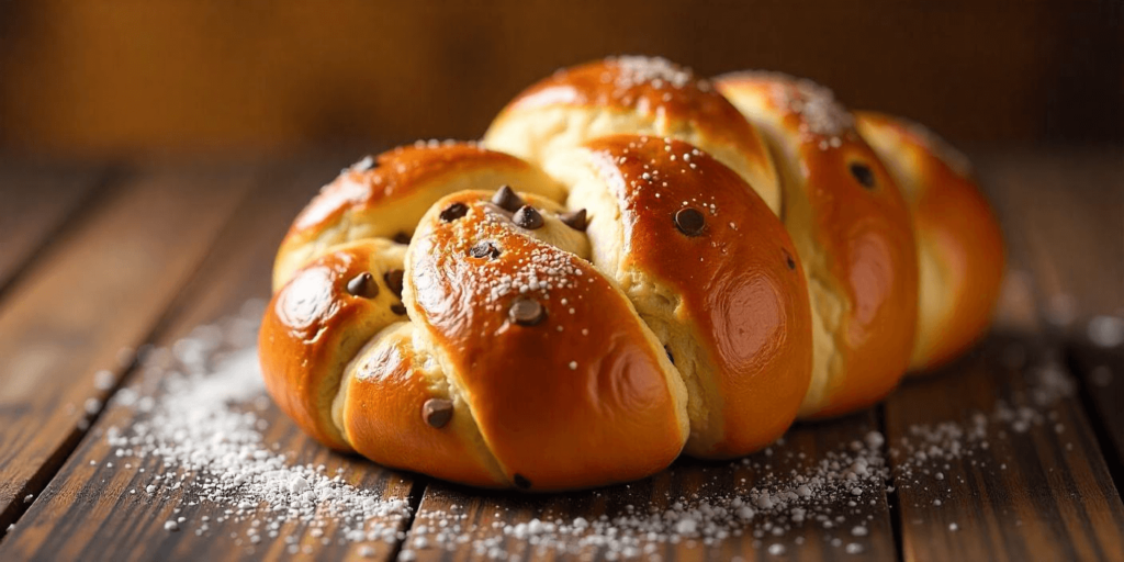 A freshly baked chocolate chip brioche loaf