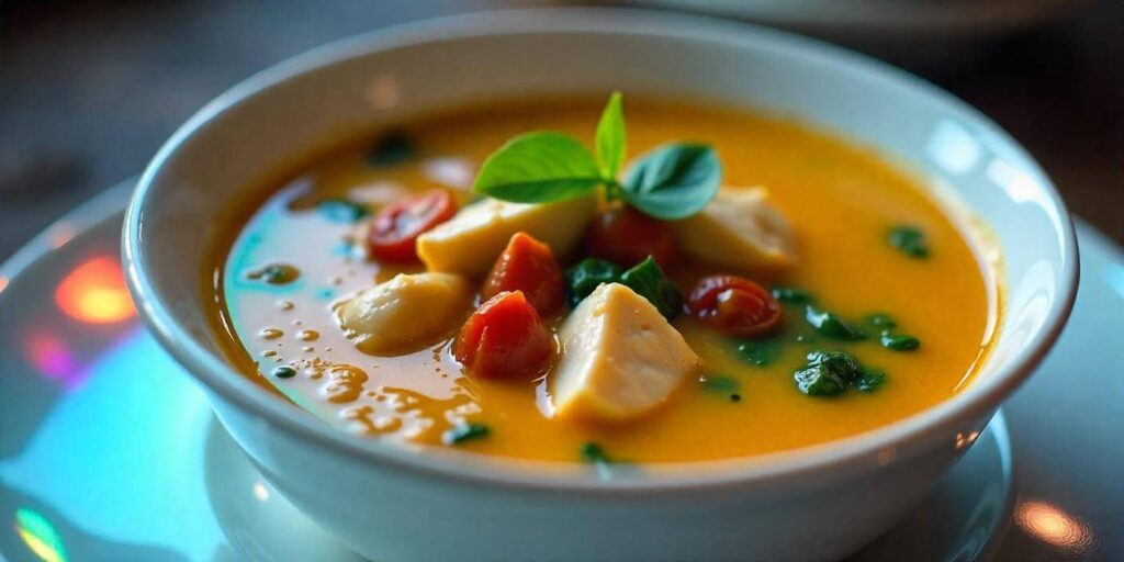 A steaming bowl of Marry Me Chicken Soup garnished with fresh herbs.