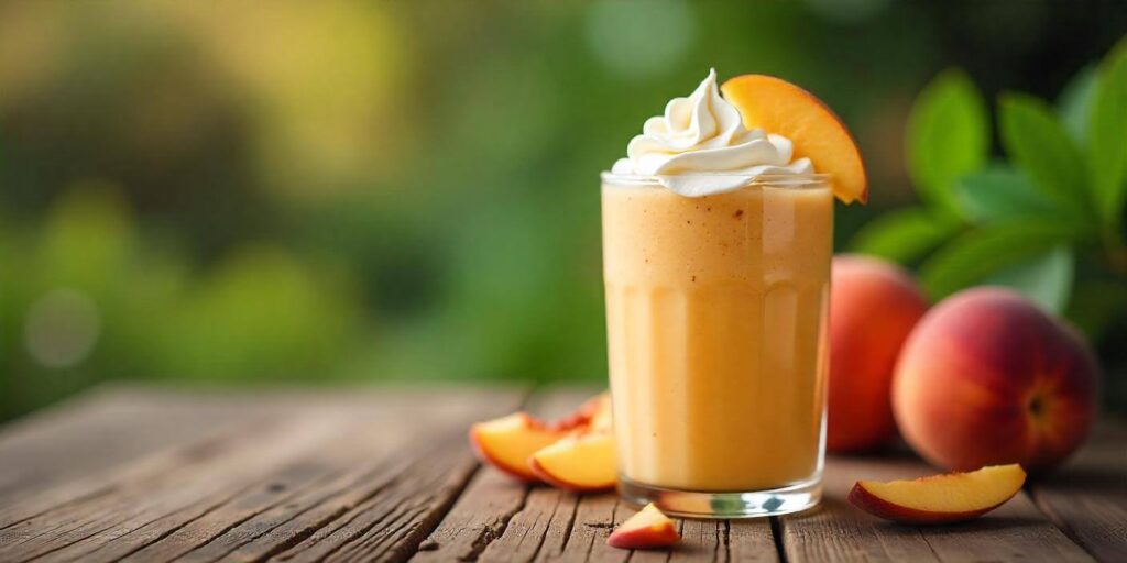 Creamy peach smoothie in a glass with fresh peach slices on top