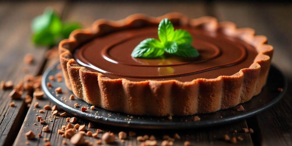 A whole chocolate pie, topped with a layer of whipped cream and chocolate shavings.