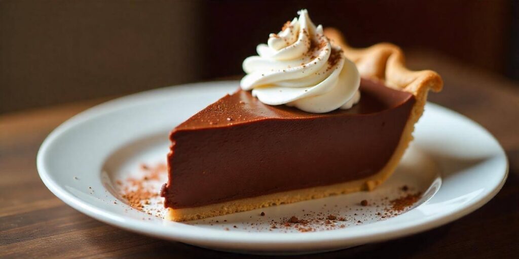 Close-up of a slice of chocolate pie with a creamy filling and a flaky crust.