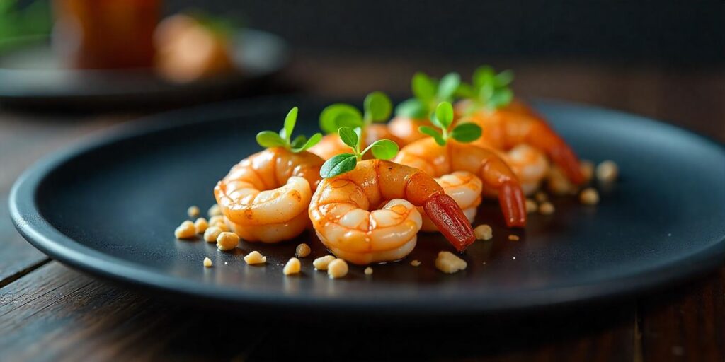 A plate of crispy honey walnut shrimp drizzled with sweet, savory sauce and topped with crunchy walnuts