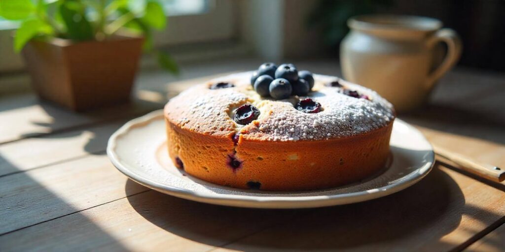 A warm, freshly baked blueberry breakfast cake