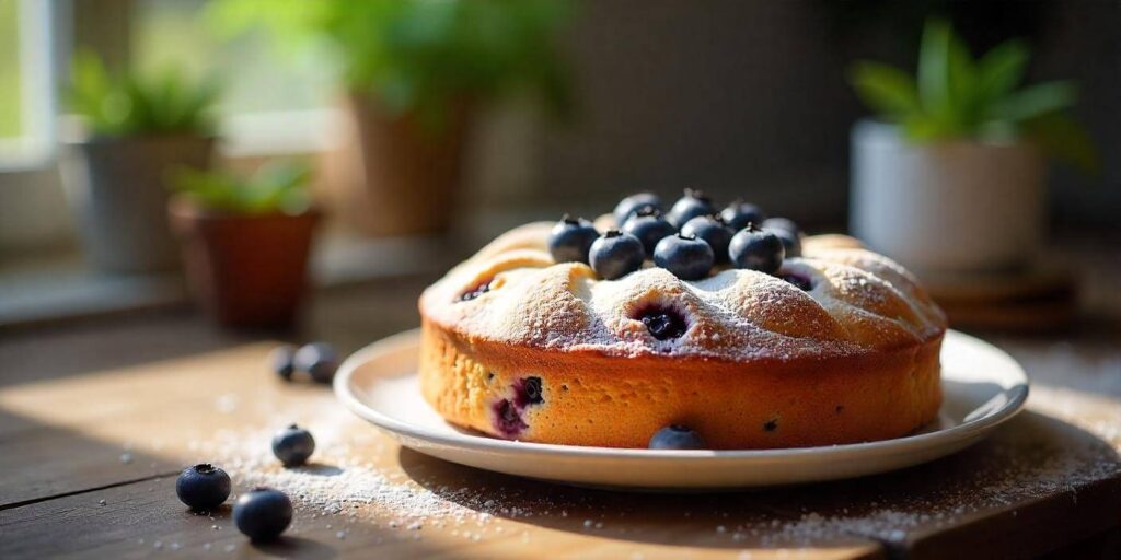 Moist blueberry breakfast cake topped with a dusting of powdered sugar