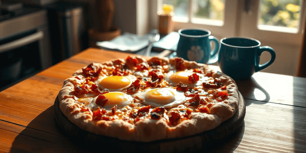 Delicious breakfast pizza recipe with eggs and crispy bacon.