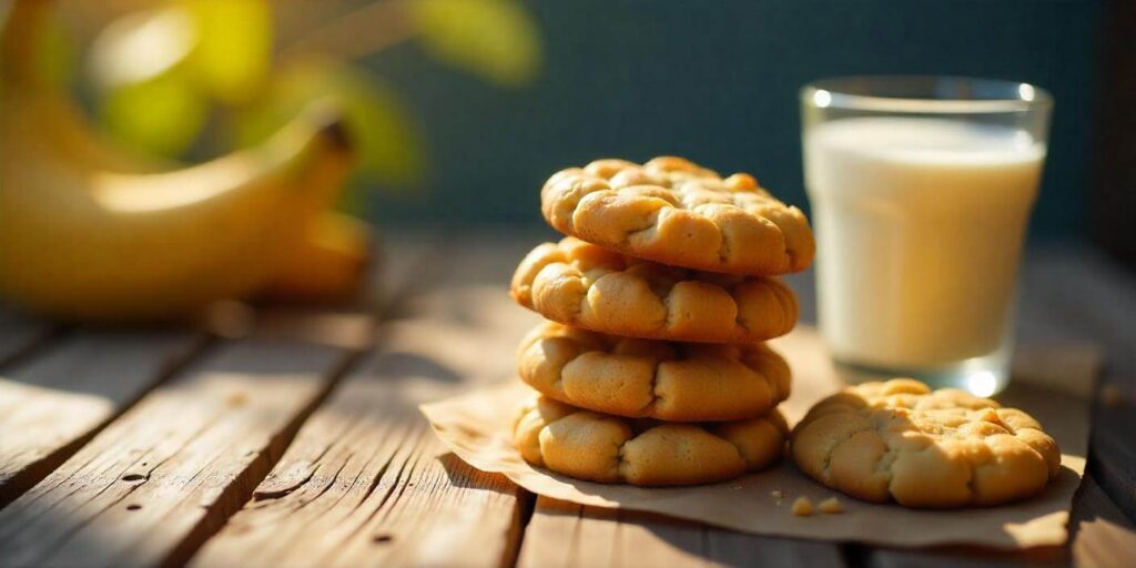 Delicious banana pudding cookies with a glass of milk