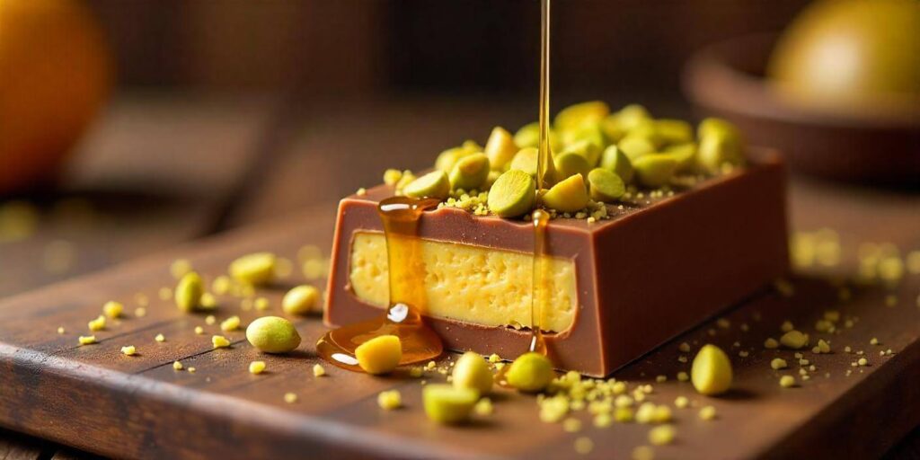 Close-up of a decadent chocolate bar from Dubai filled with premium ingredients