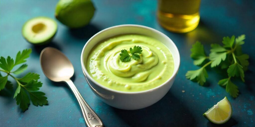 Fresh avocado mayo in a bowl with lemon and garlic on the side