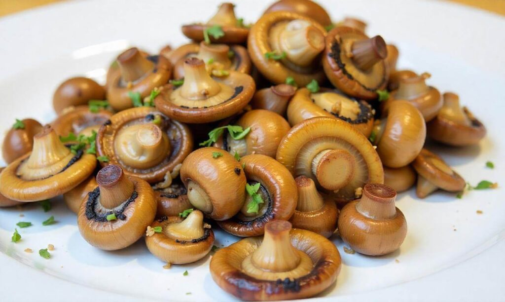 A plate of cooked lion’s mane mushrooms sautéed with garlic and herbs