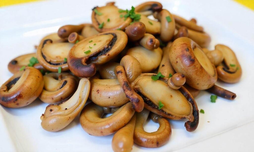 Golden-brown lion’s mane mushrooms cooked to perfection and served on a platter.