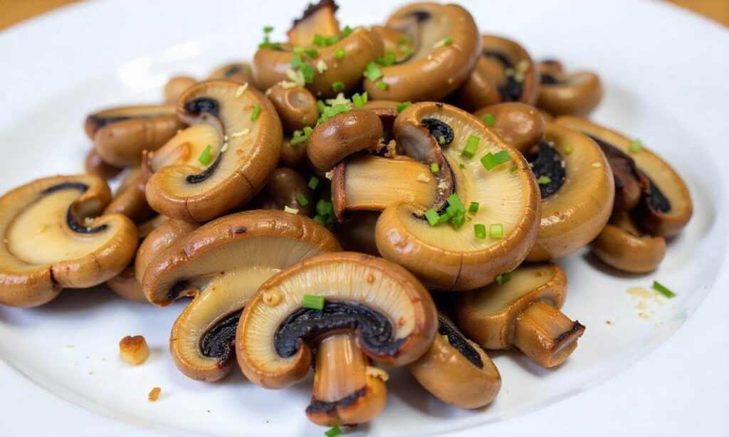 Close-up of lion’s mane mushrooms, sautéed in a pan with butter and seasonings.