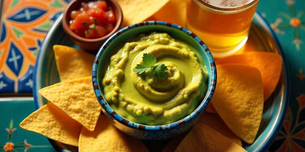 "Bowl of creamy 4 ingredient guacamole with tortilla chips on the side