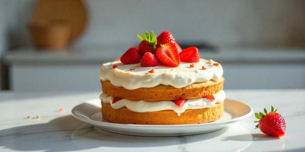 Whole strawberry cake decorated with fresh strawberries on top