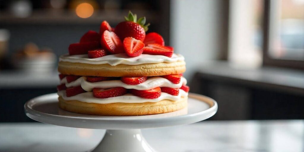 A homemade strawberry cake with layers and creamy frosting