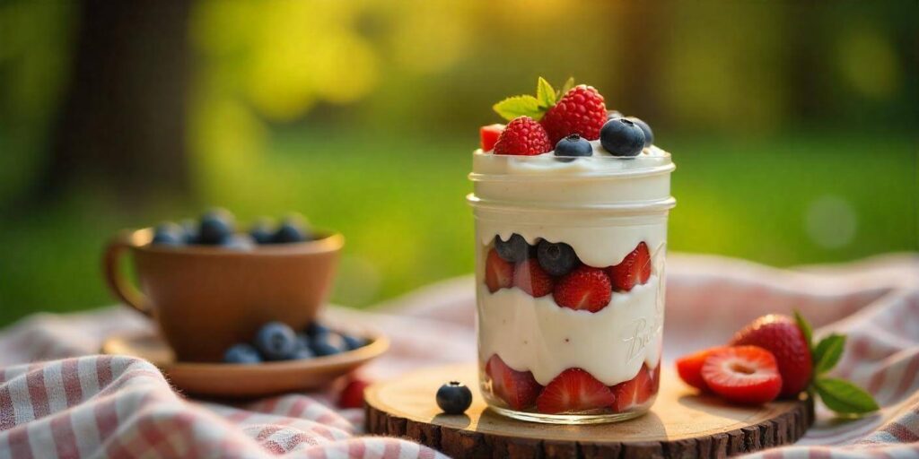 Homemade whipped cream with strawberries for a simple dessert