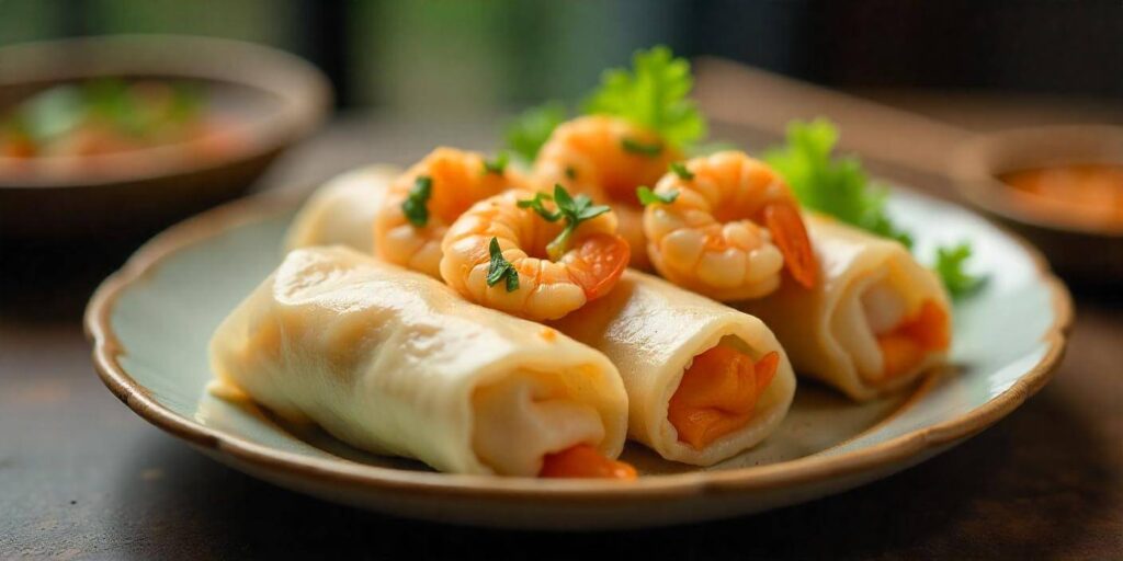 Shrimp spring rolls filled with crisp vegetables and wrapped in rice paper