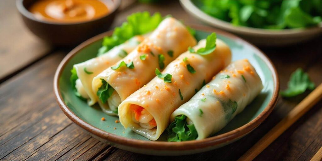 Fresh shrimp spring rolls served with a side of homemade dipping sauce