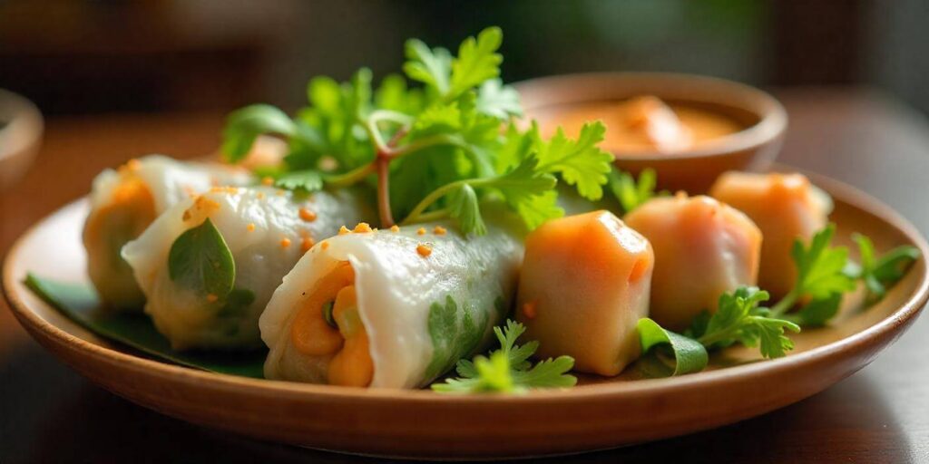 Close-up of shrimp spring rolls with peanut sauce in a small bowl.