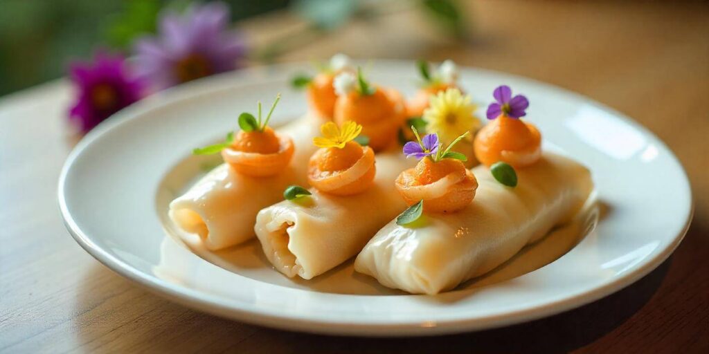 A plate of shrimp spring rolls garnished with fresh herbs and sesame seeds