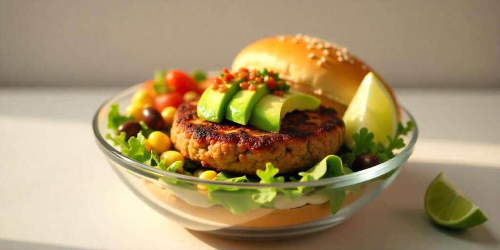 Low-carb burger bowl with avocado, bacon, and a tangy sauce drizzle.