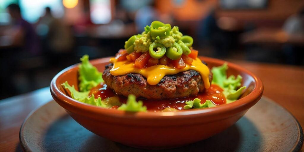 A colorful burger bowl filled with ground beef, fresh vegetables, and a creamy sauce