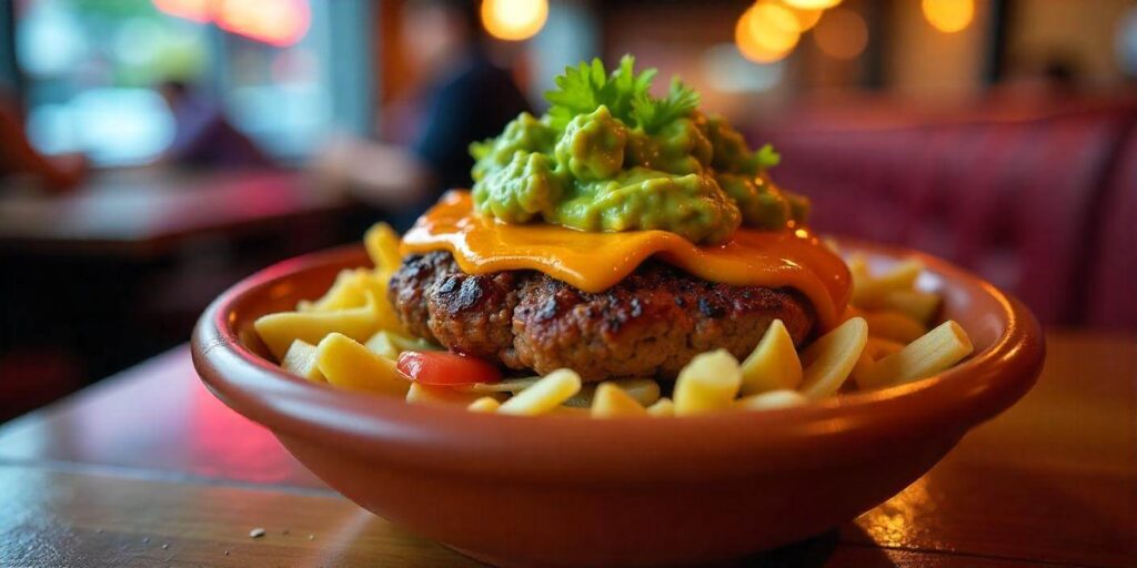 Healthy burger bowl with lettuce, tomatoes, pickles, and a juicy beef patty