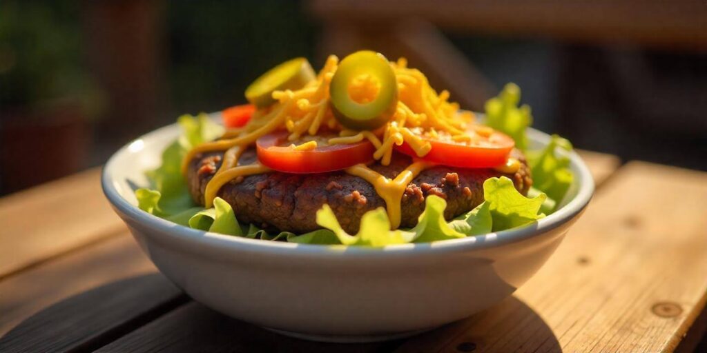 Close-up of a burger bowl topped with shredded cheese and homemade dressing