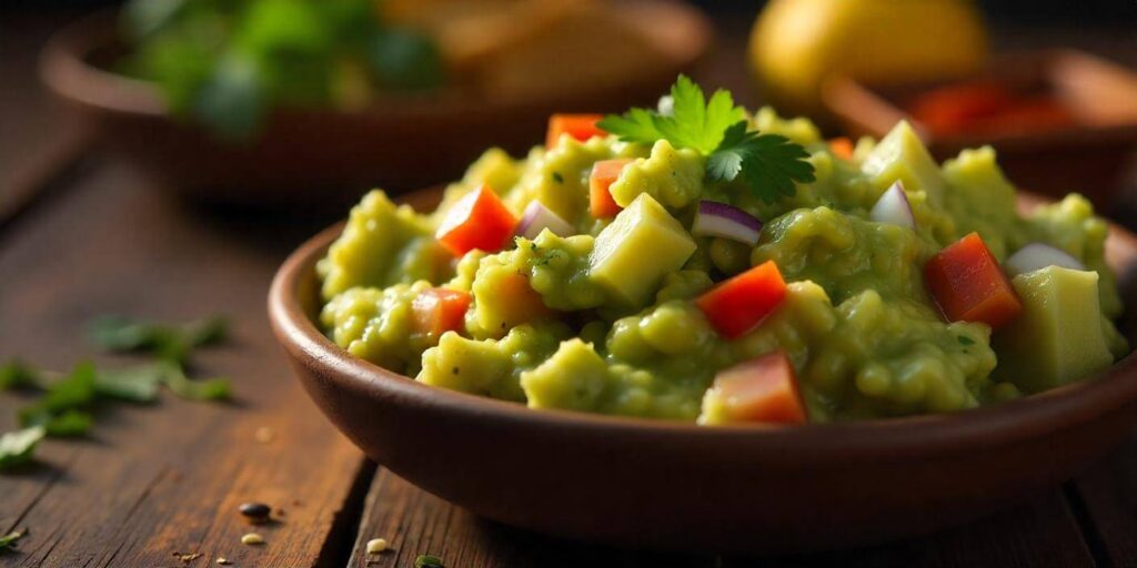 Close-up of smooth guacamole in a rustic bowl