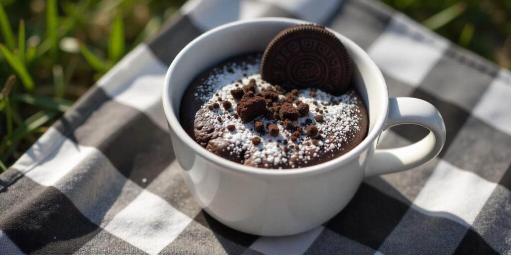 Oreo mug cake recipe cooked in a microwave-safe mug