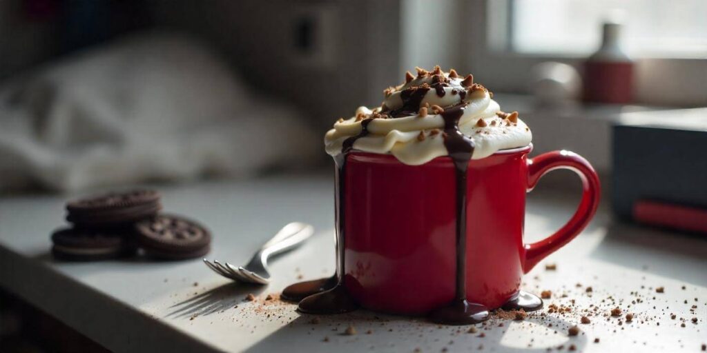 Close-up of an Oreo mug cake served with a spoon