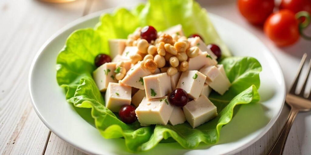 Healthy turkey salad in a bowl with cranberries and walnuts.