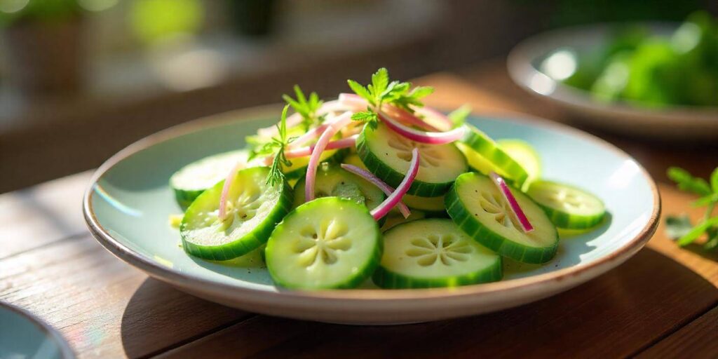 Close-up of a crunchy cucumber salad with a vibrant, colorful mix of vegetables.