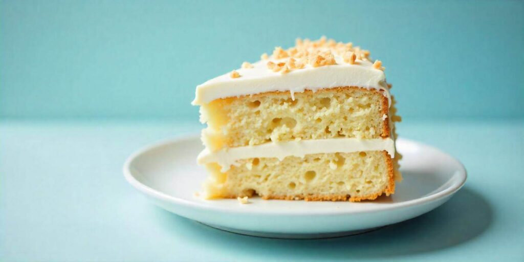 A close-up of a moist and tender vanilla cake slice