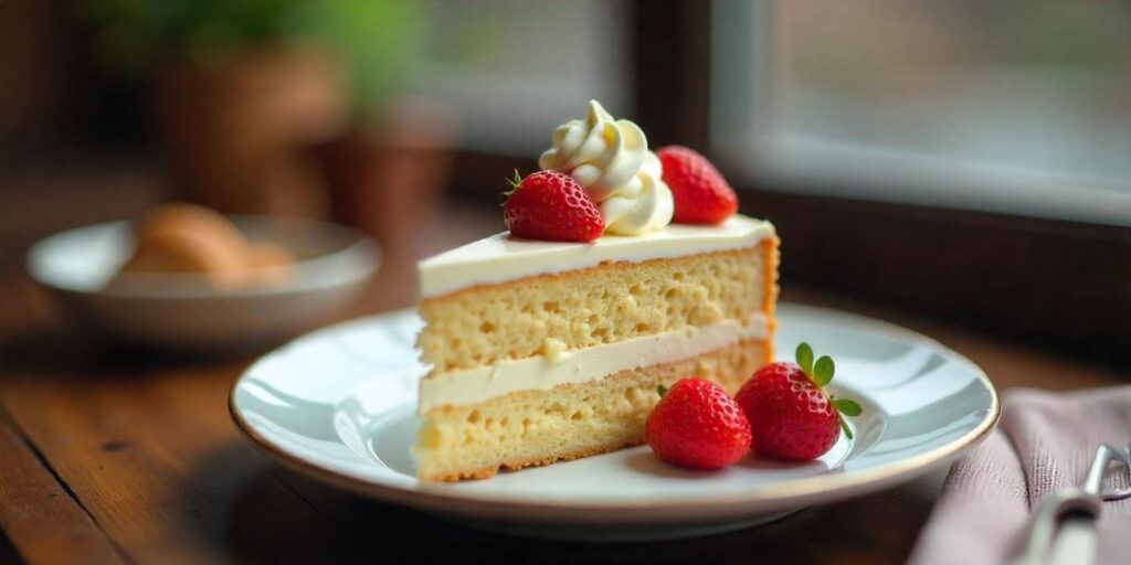 A slice of fluffy vanilla cake with creamy frosting on a plate