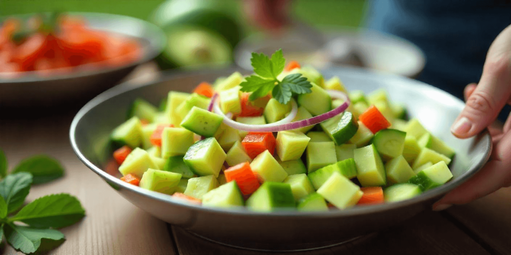 Fresh cucumber salad with herbs and a tangy dressing in a bowl